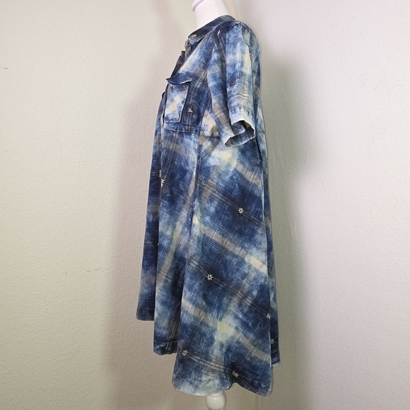 Ryan Michael Denim Western Shirt Dress Blue Tie Dye Plaid Button Down M - Picture 5 of 12